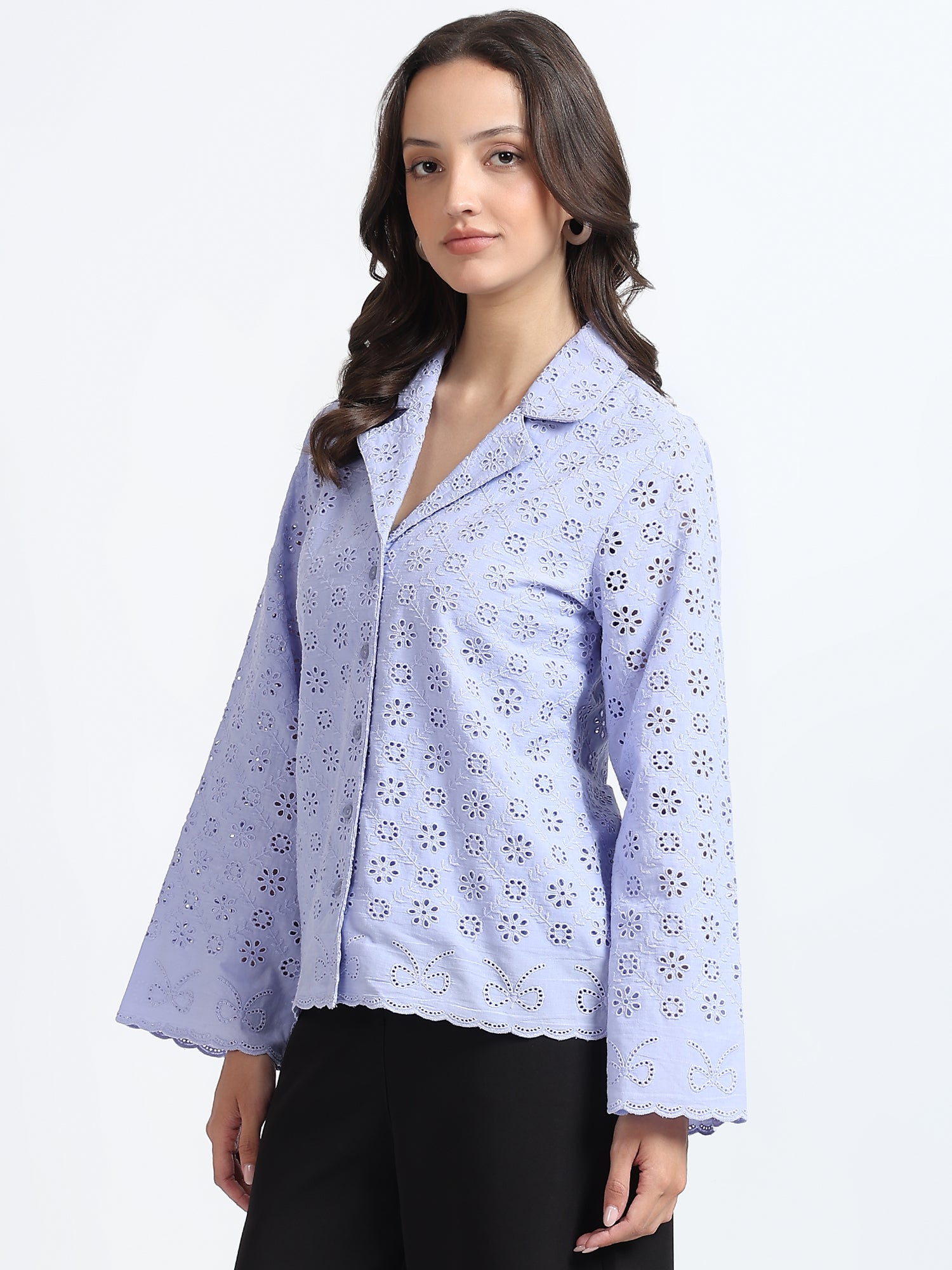 Women Lavender Schiffli Embroidery Full Sleeve Shirt