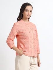 Women Peach Textured Embroidery 3/4 Sleeve Shirt
