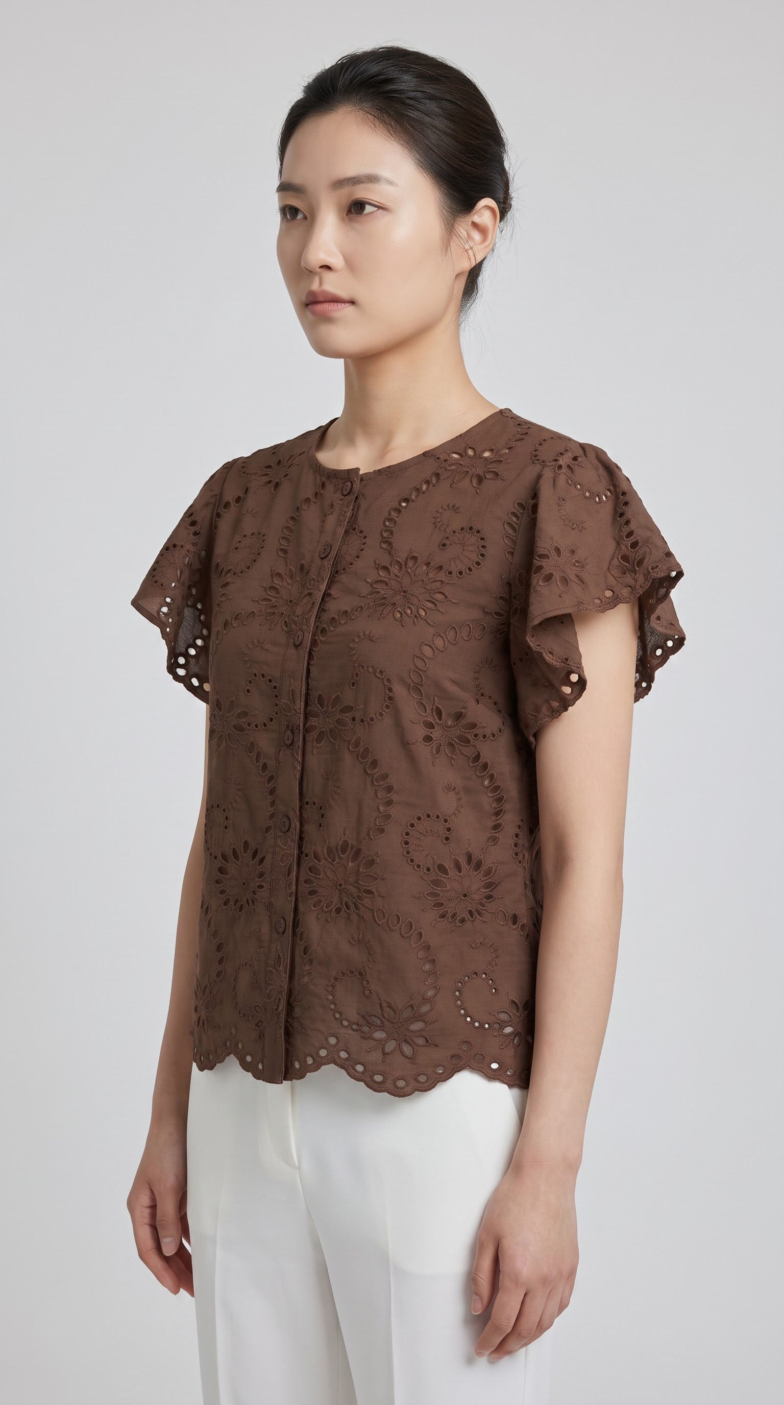 Women Brown Schiffli Embroidered Button-Down Top