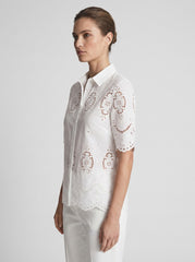 Women White Schiffli Embroidered Cotton Shirt with Scalloped