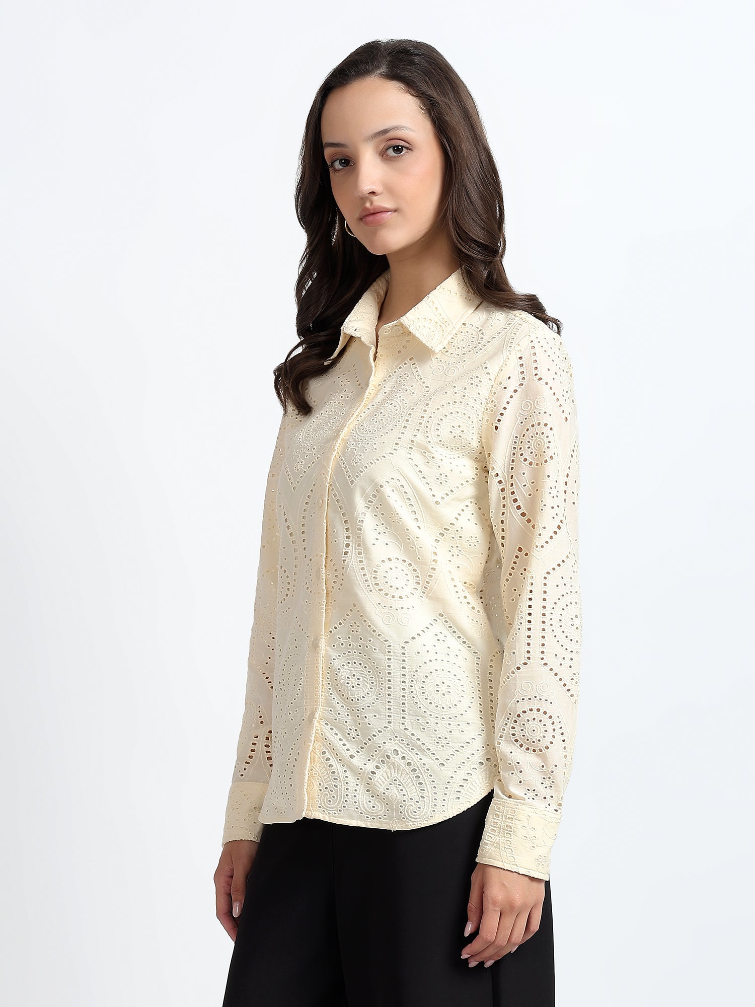 Women Cream Schiffli Embroidery Full Sleeve Shirt