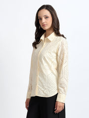Women Cream Schiffli Embroidery Full Sleeve Shirt