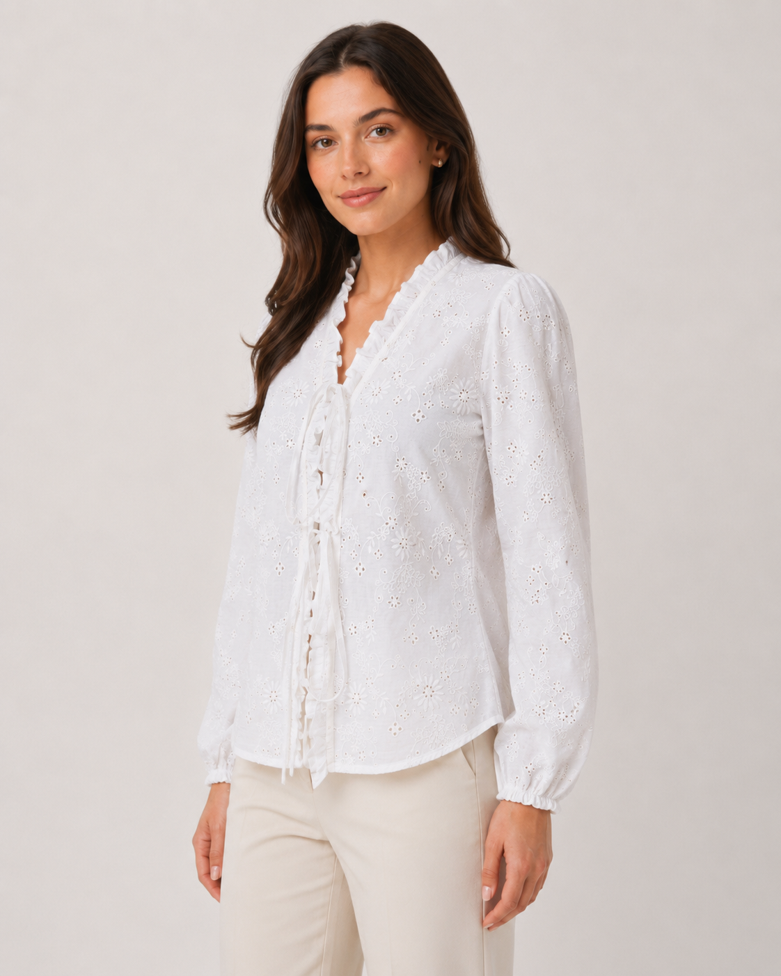 White Embroidered Tie-Up Crop Top with Ruffle Neck