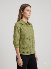Women's Olive Green Schiffli Embroidered Cotton Shirt