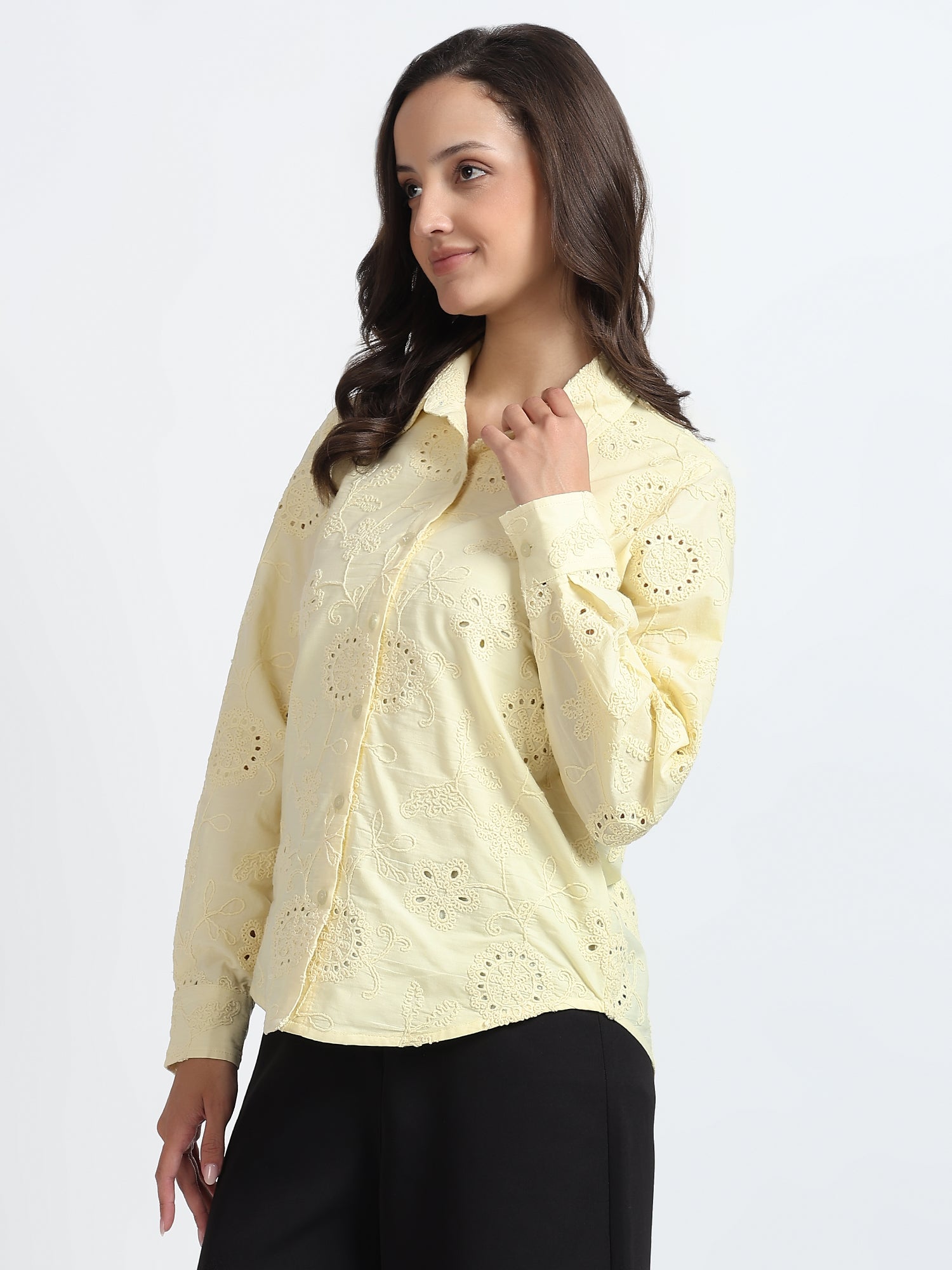 Women Light Yellow Floral Embroidered Full Sleeve Shirt