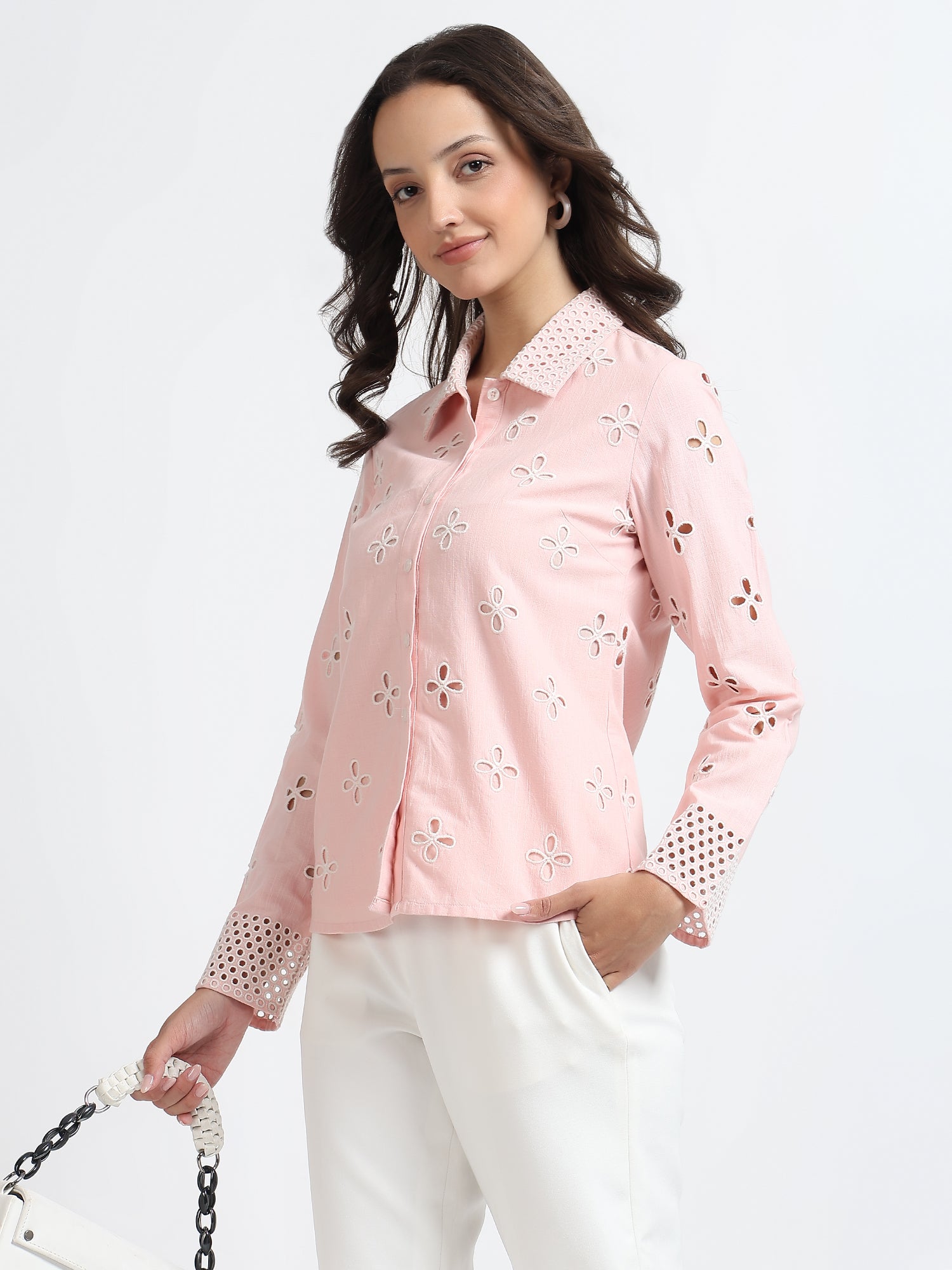 Women Pink Schiffli Embroidery Full Sleeve Shirt