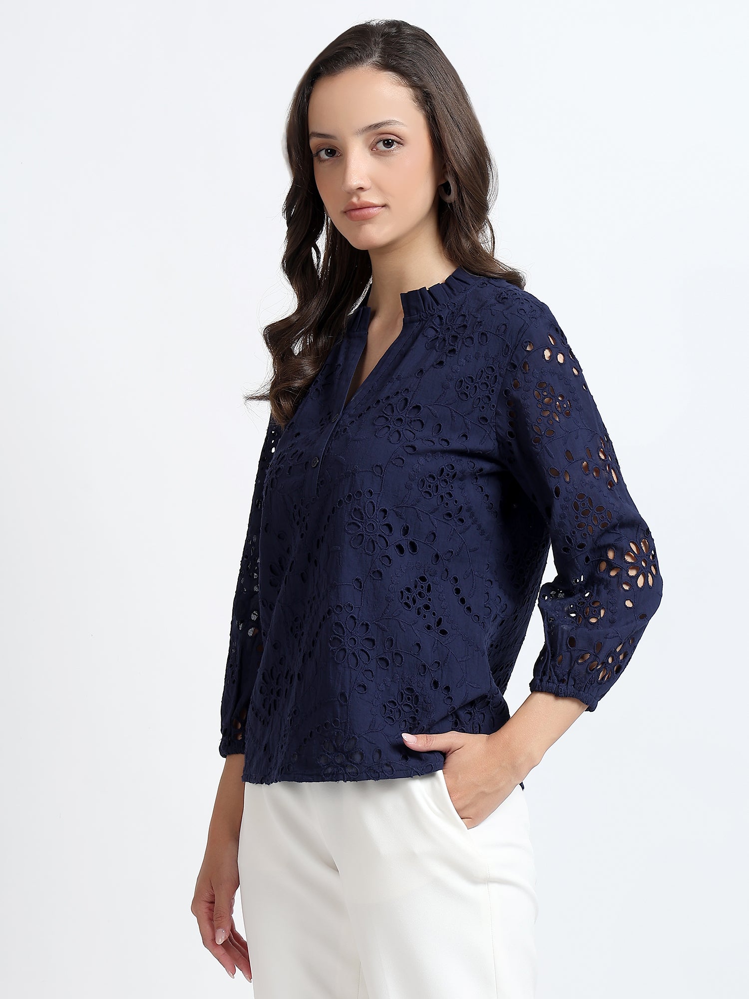 Women Navy Blue Schiffli Embroidery Notch Neck Top
