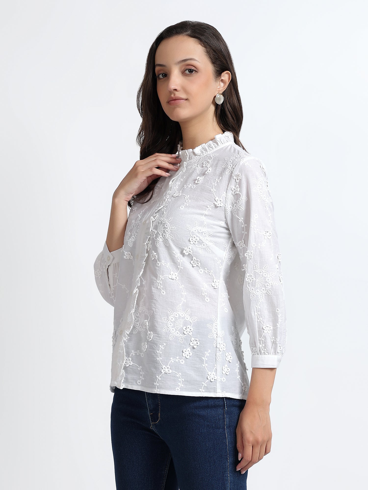 Women White Floral Embroidered Ruffle Neck Shirt