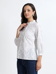 Women White Floral Embroidered Ruffle Neck Shirt