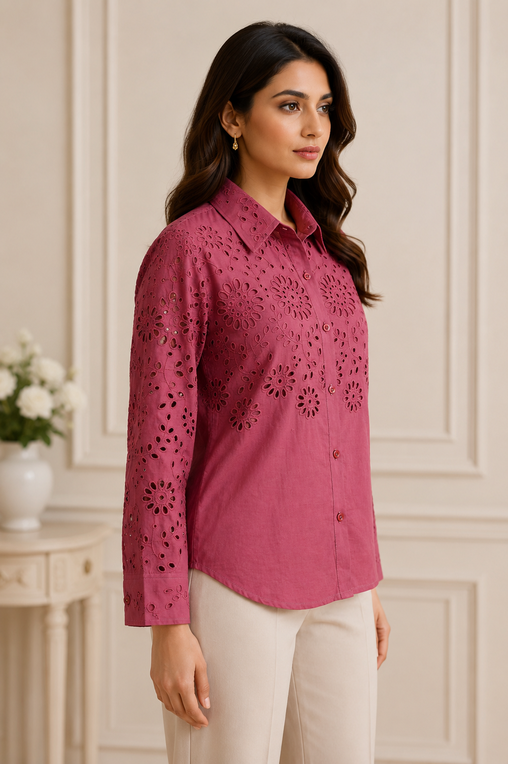 Women's Burgundy Schifley Embroidered Cotton Shirt