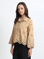 Women Beige Schiffli Embroidery Full Sleeve Shirt