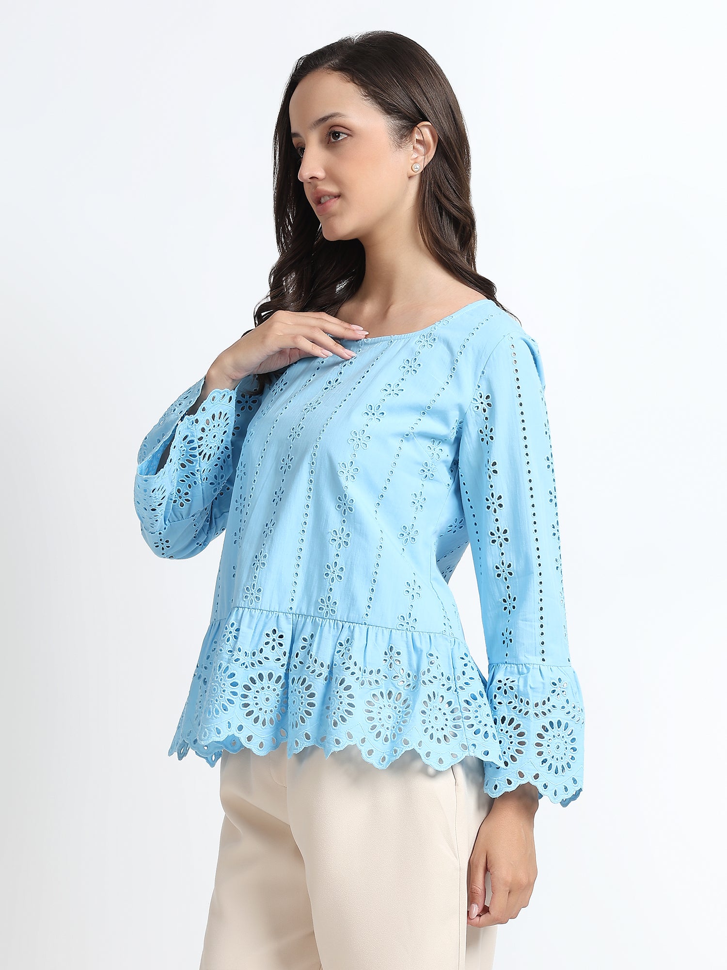 Women Sky Blue Schiffli Embroidery Peplum Top