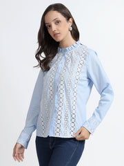 Women Sky Blue Lace Detail Ruffle Neck Shirt
