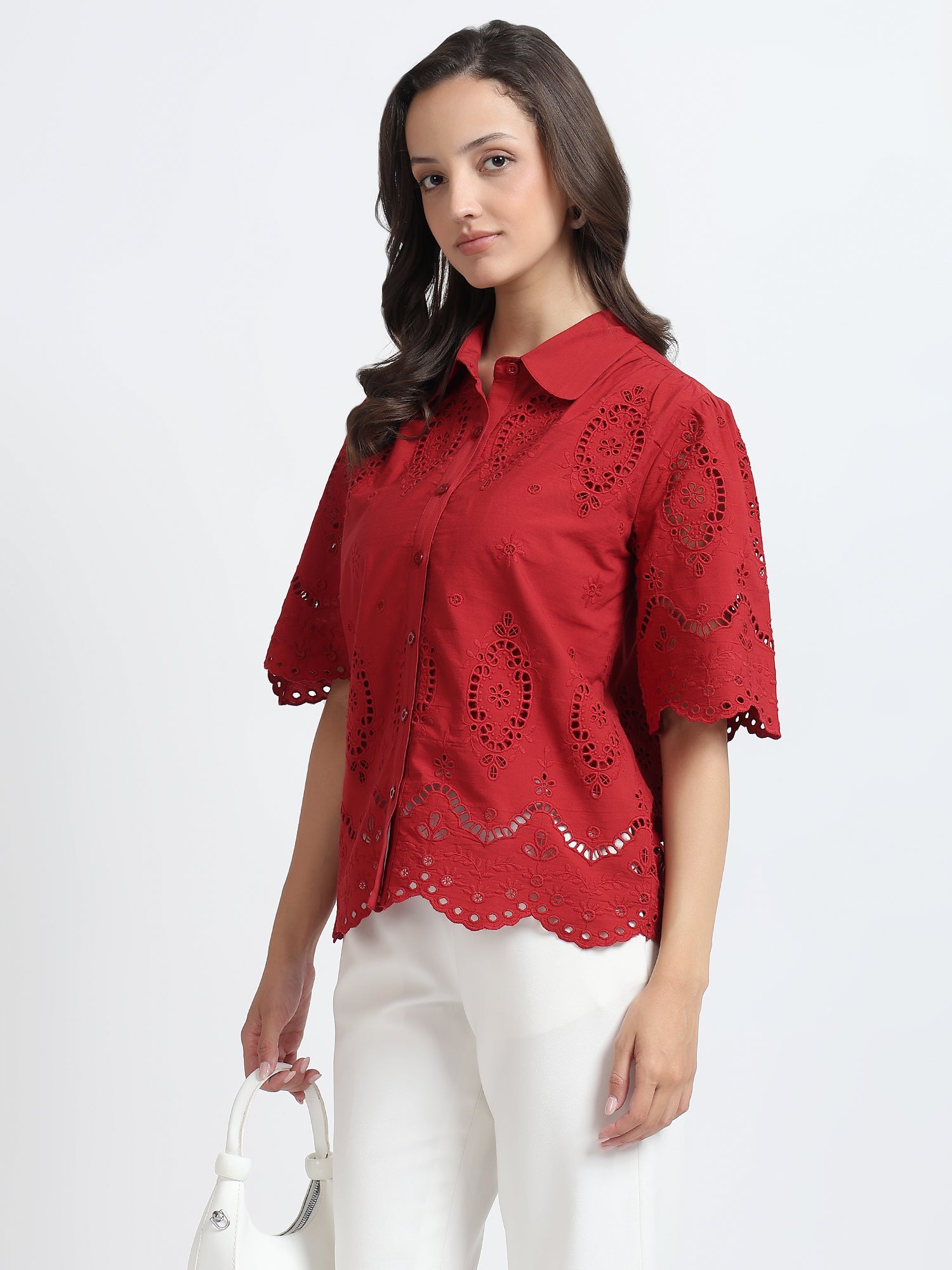 Women Red Schiffli Embroidery Short Sleeve Shirt