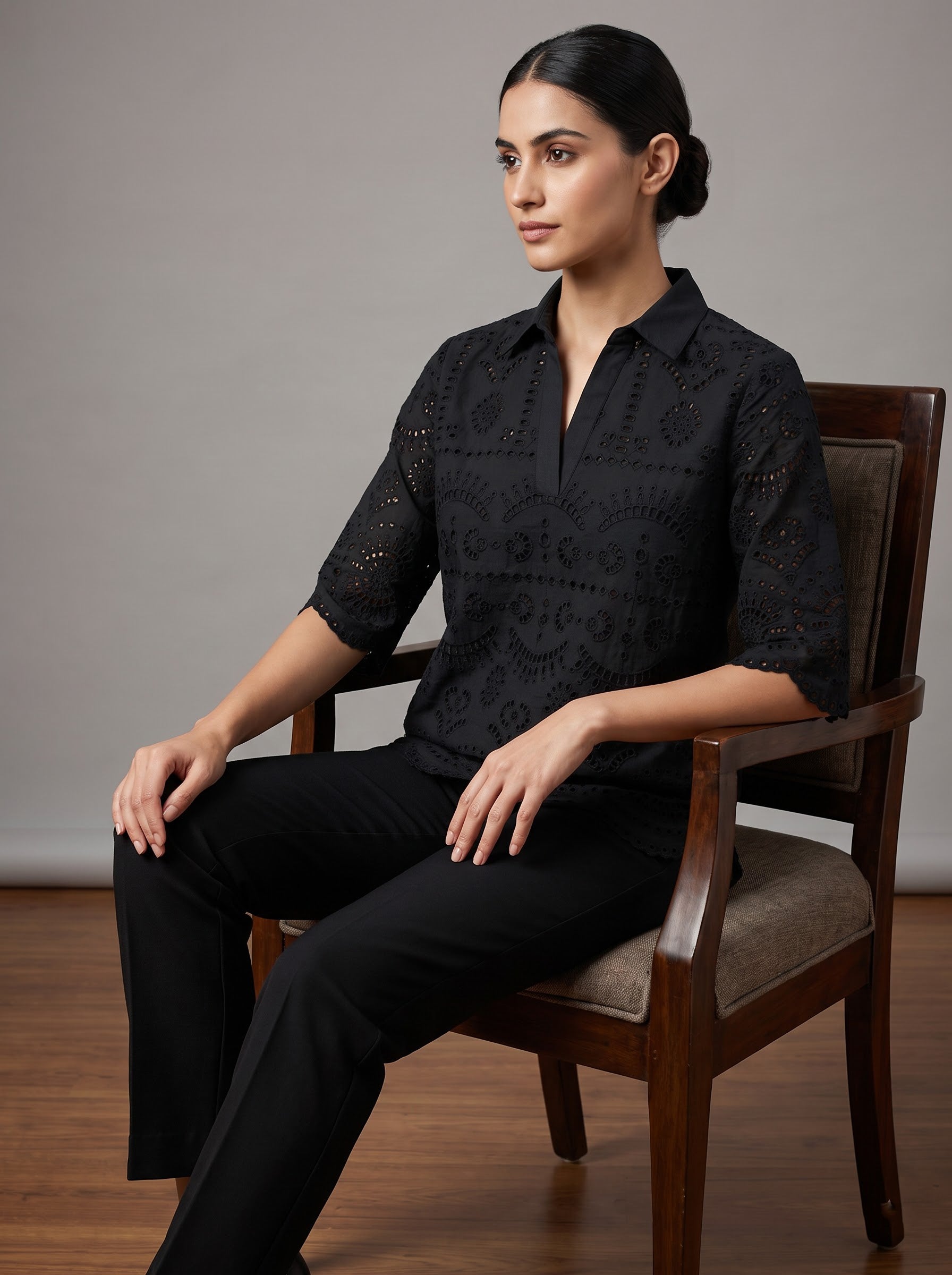 Women Black Schiffli Embroidered Regular Fit Top