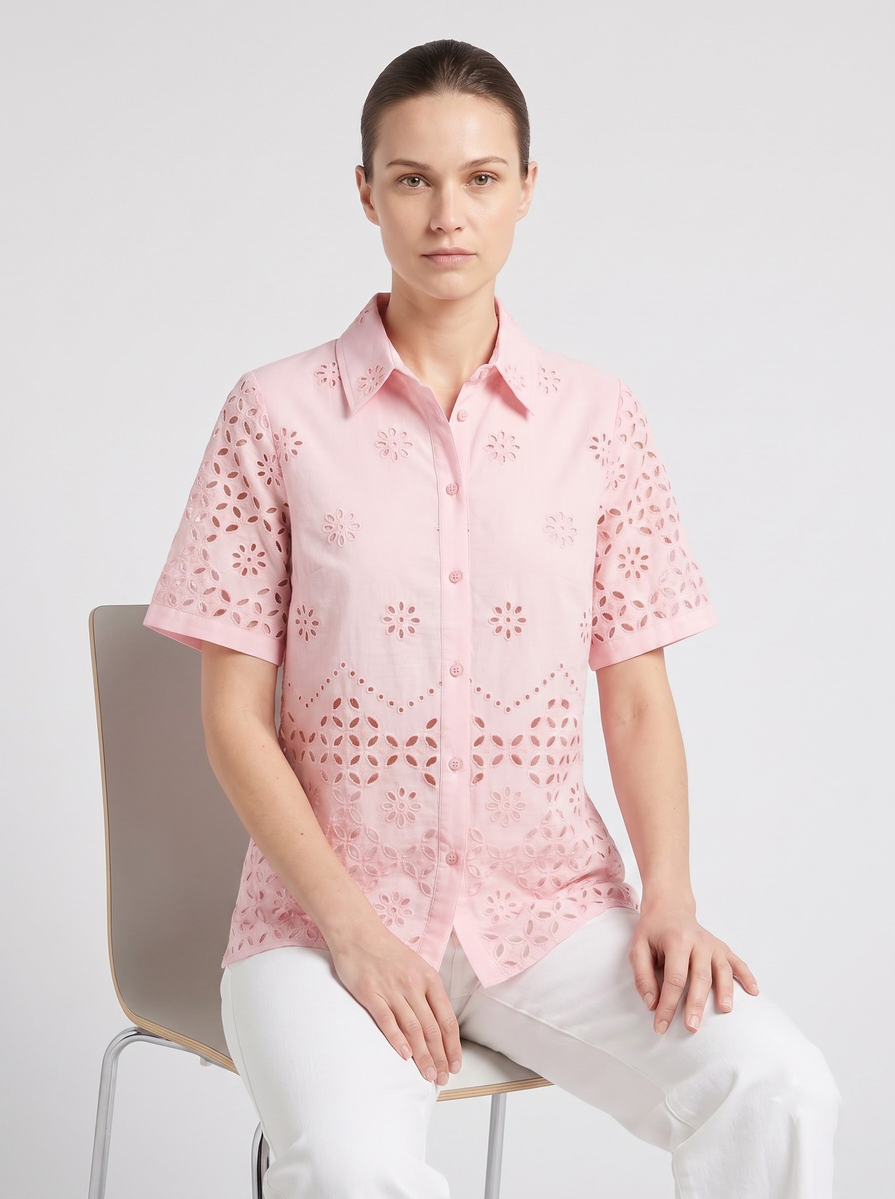 Women Pink Schiffli Embroidered Regular Fit Shirt