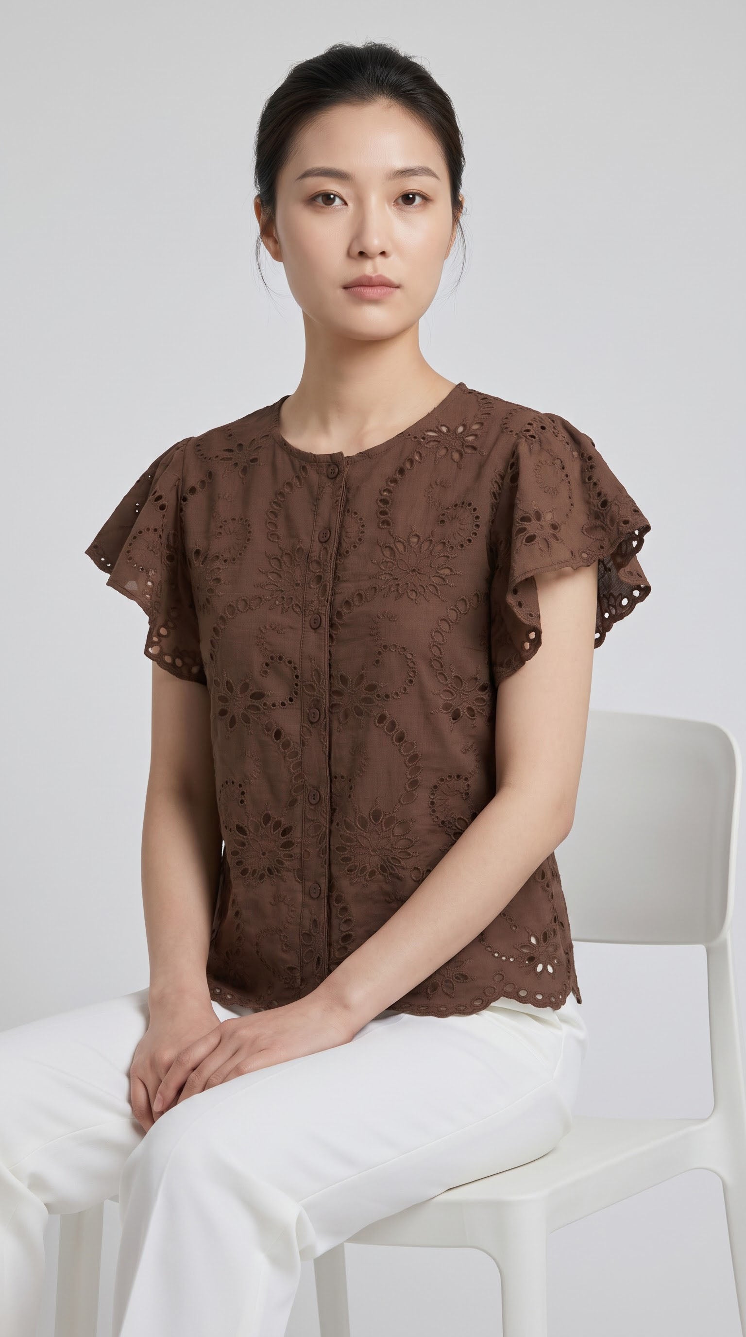 Women Brown Schiffli Embroidered Button-Down Top