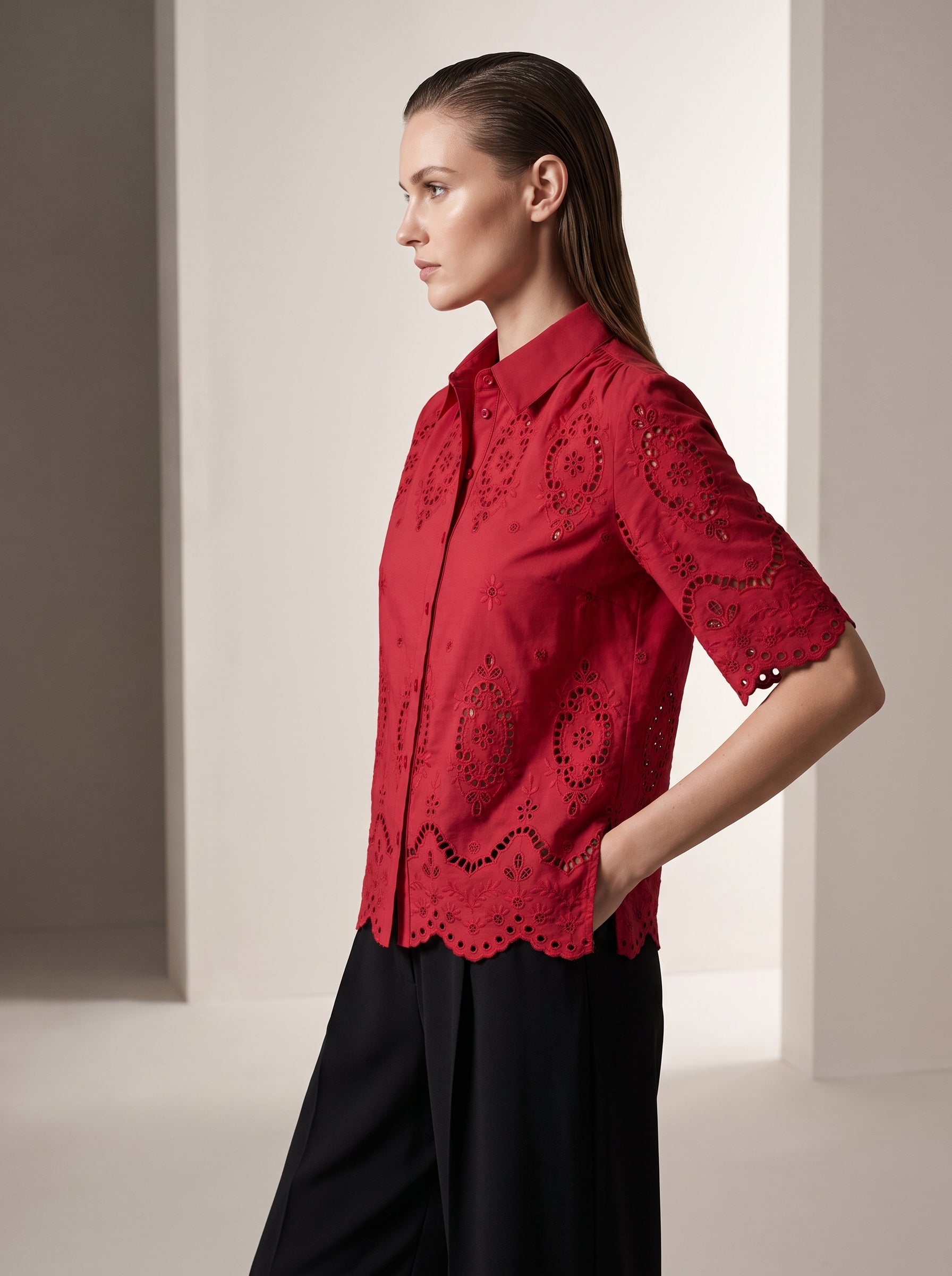 Women's Red Schifley Embroidered Cotton Half Sleeve Shirt