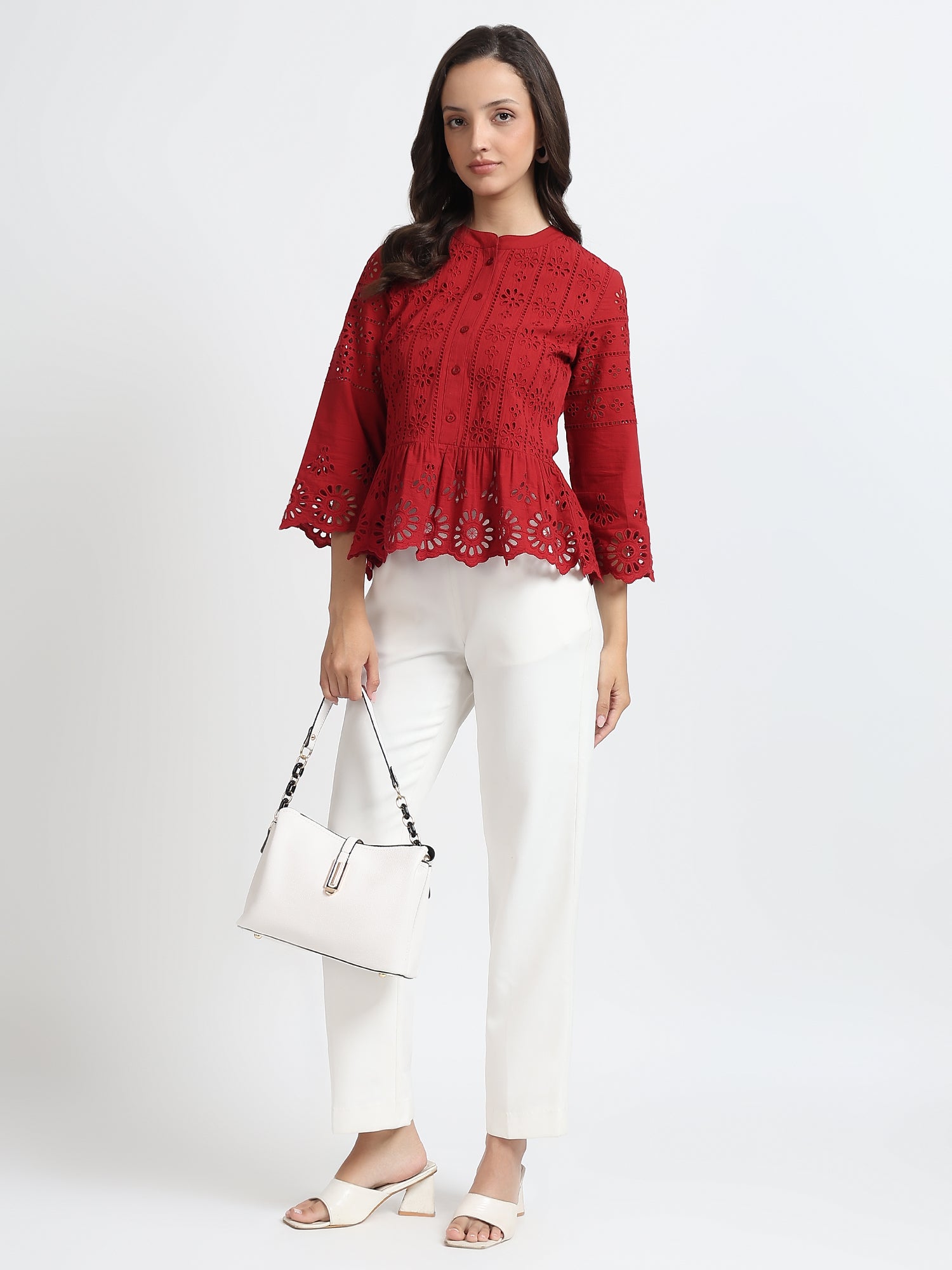 Women Red Schiffli Embroidery Peplum Top
