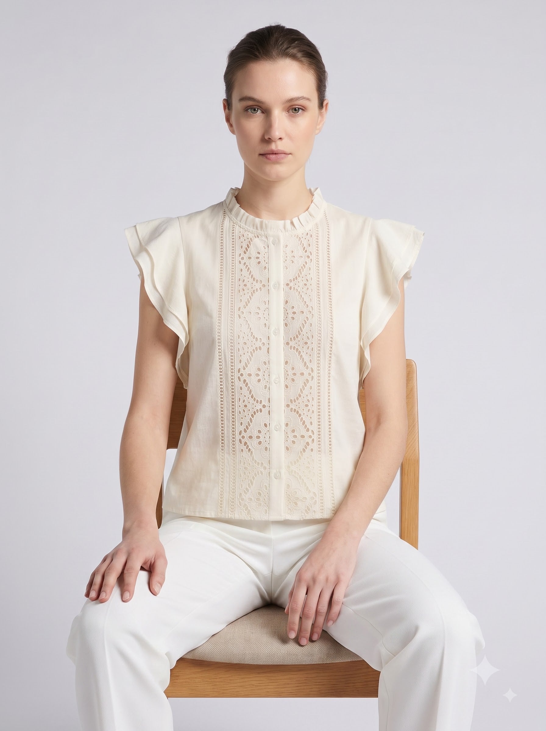 Women Cream Embroidered Ruffle Sleeve Regular Fit Top
