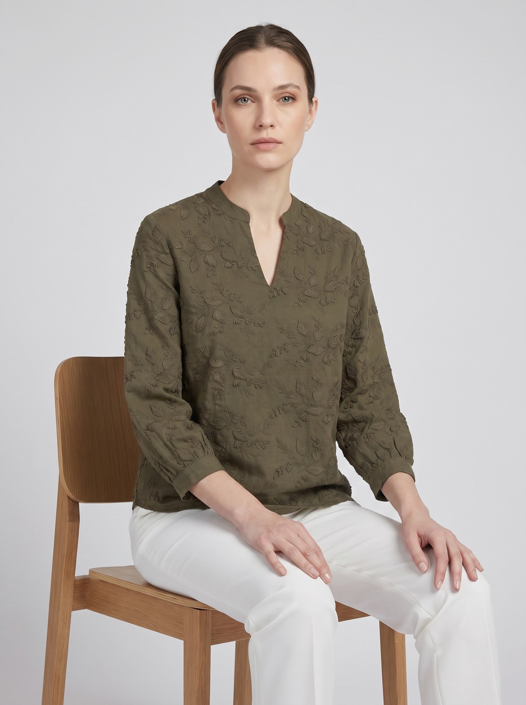 Women Olive Green Floral 3D Embroidered Regular Fit Top