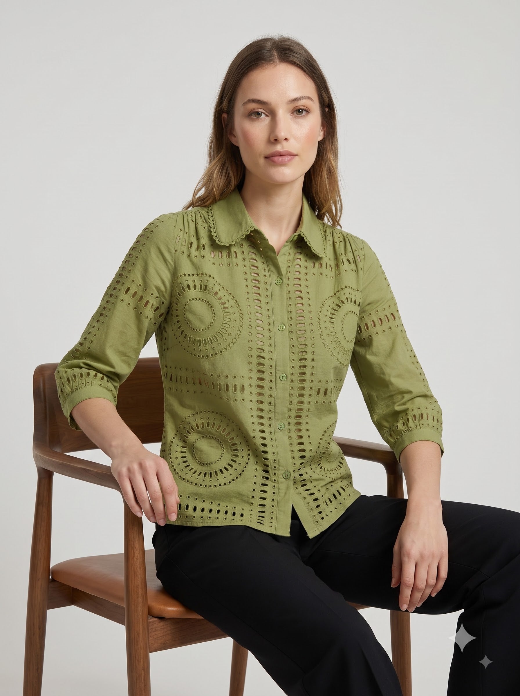 Women's Olive Green Schiffli Embroidered Cotton Shirt