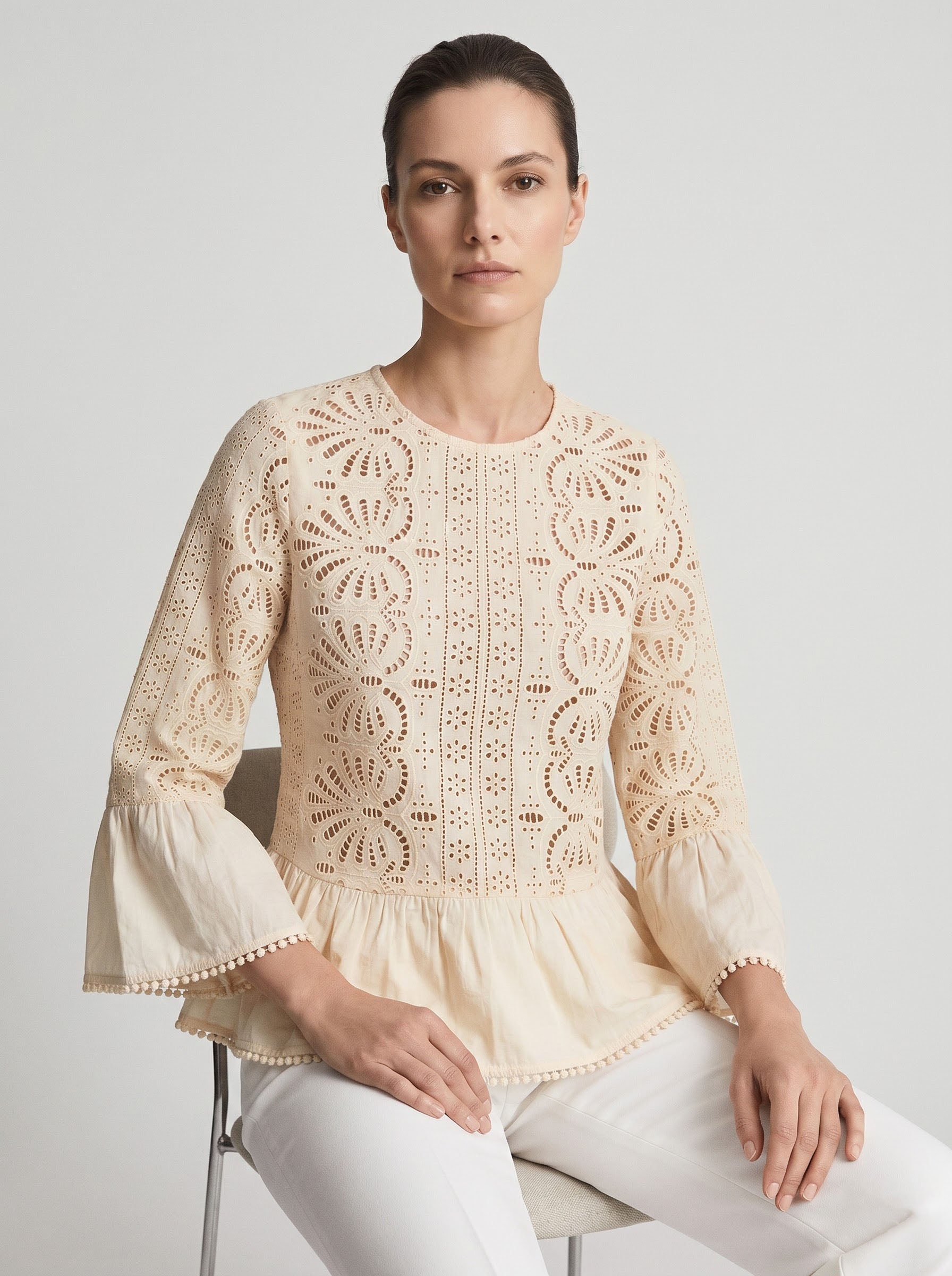 Women Beige Schiffli Embroidered Peplum Top with Flared Sleeves