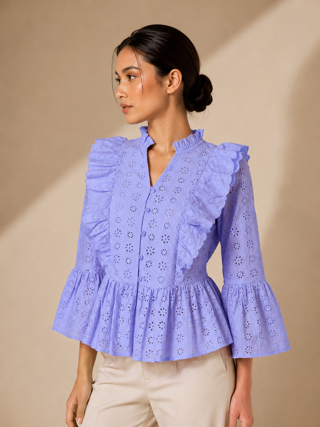 Embroidered Flared Sleeve Ruffles Cotton Peplum Purple Top