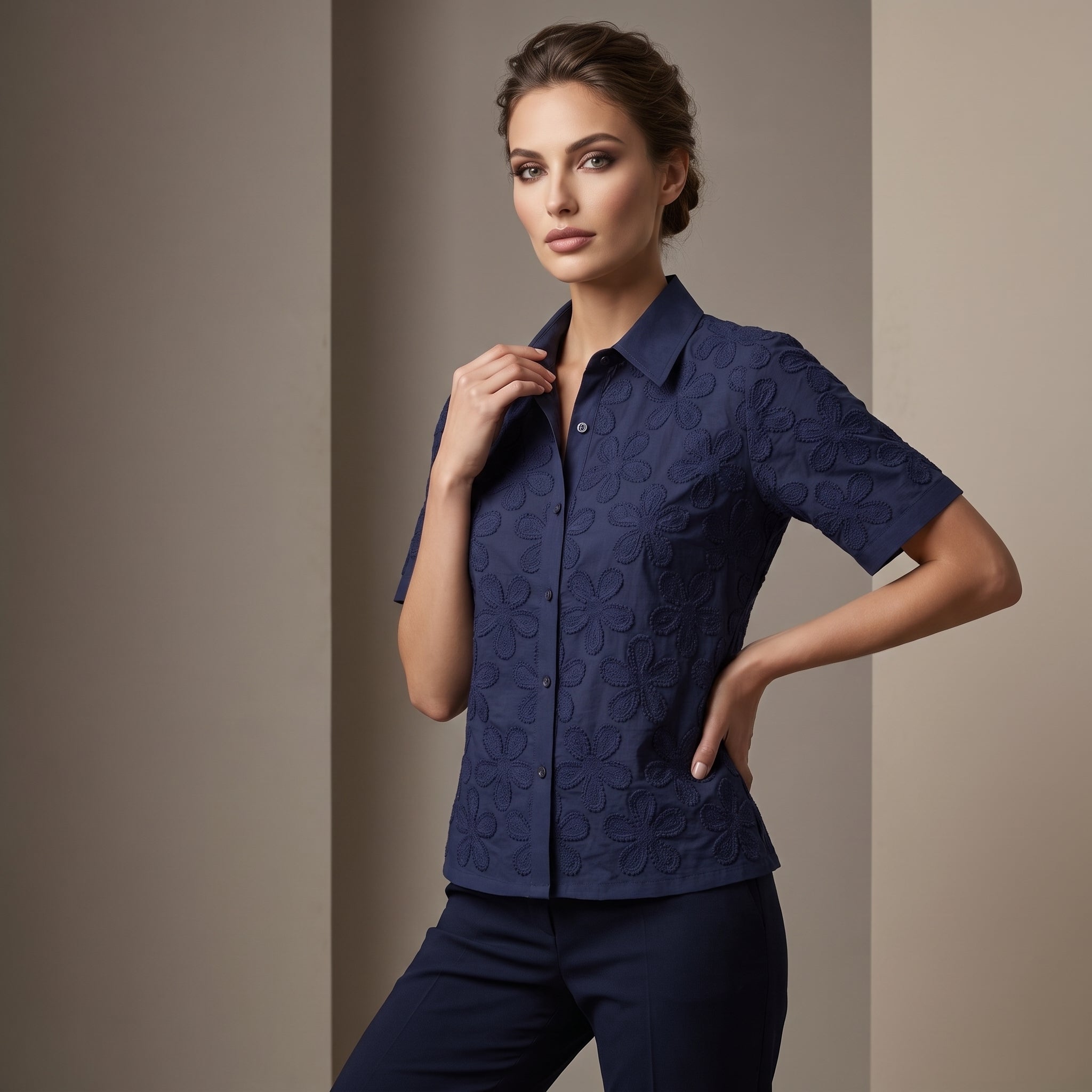 Women's Navy Blue Floral Schifley Embroidered Cotton Shirt