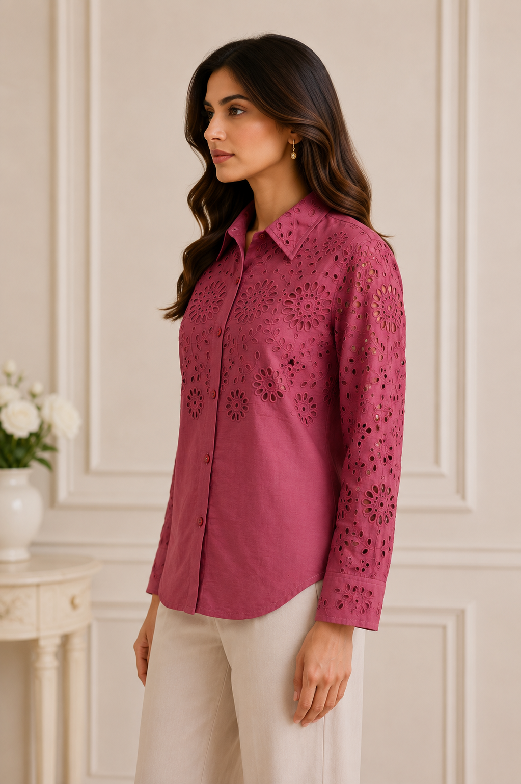 Women's Burgundy Schifley Embroidered Cotton Shirt