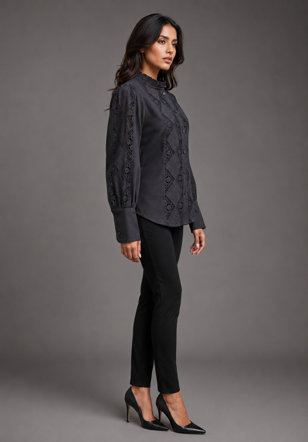Women's Black Schiffli Embroidered Cotton Shirt