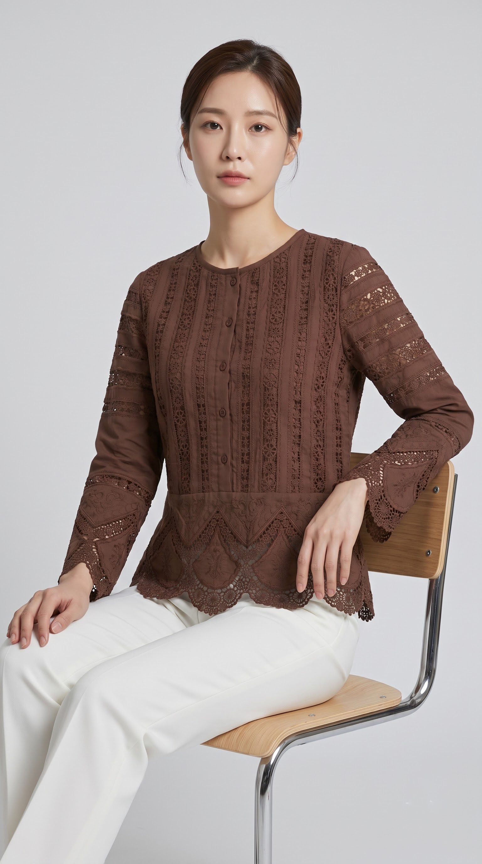 Women Brown Lace Embroidered Button-Front Top with Scalloped