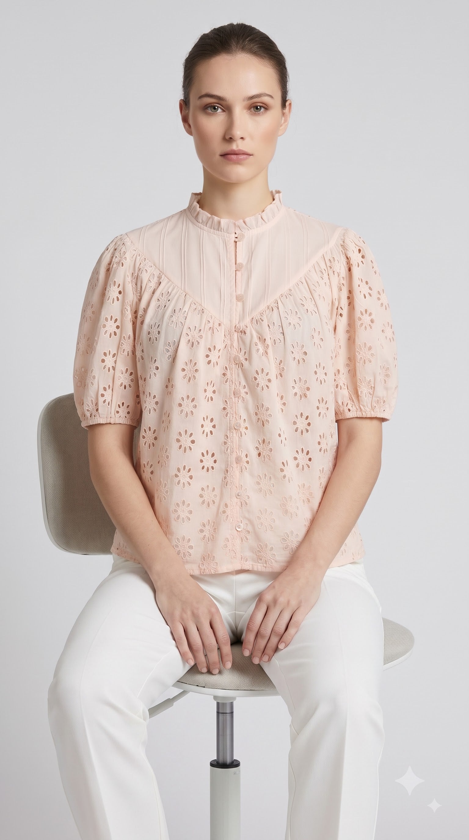 Women Peach/Olive Green Floral Schiffli Embroidered Regular Fit Top