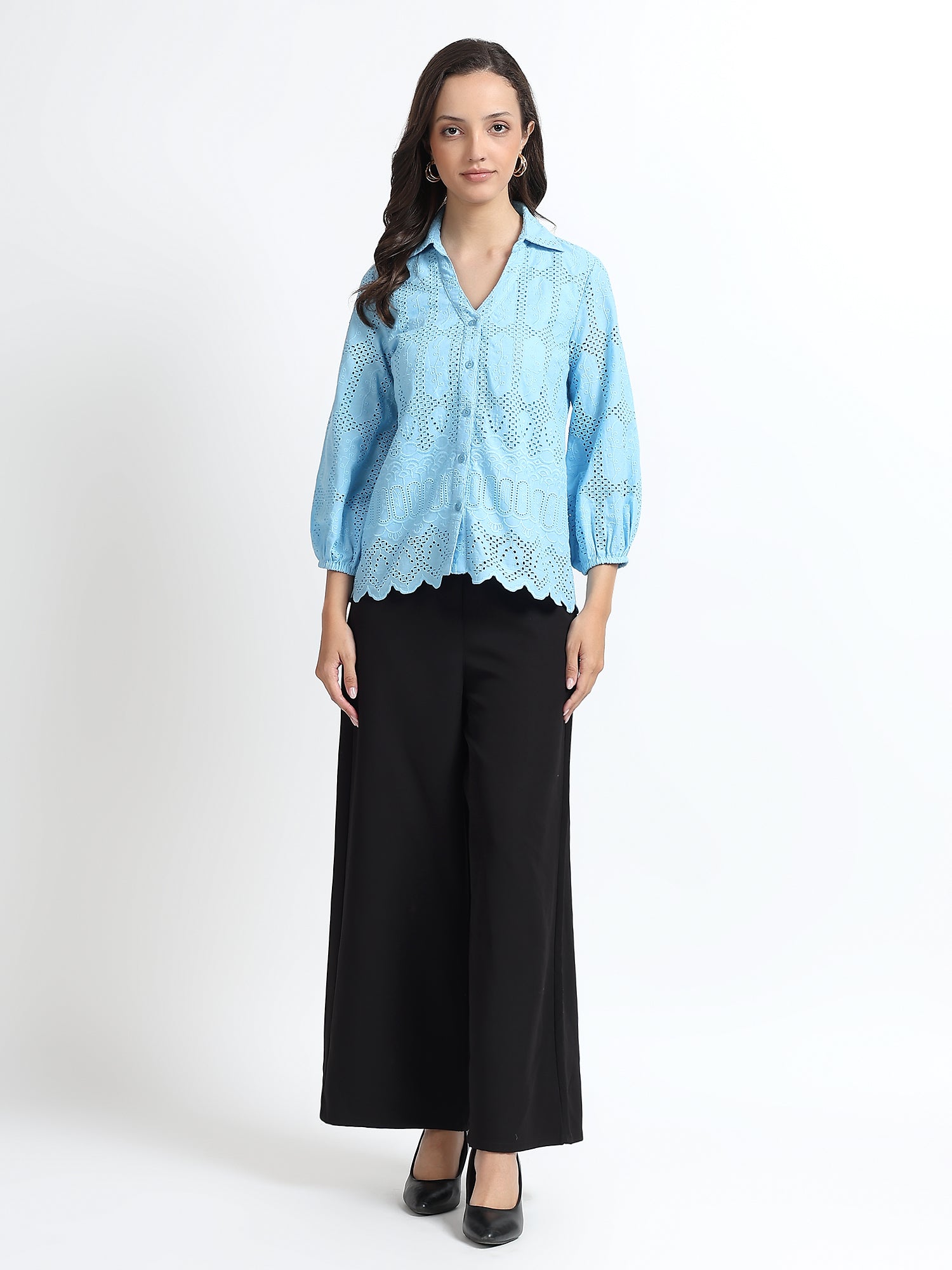 Women Sky Blue Schiffli Embroidery Balloon Sleeve Shirt