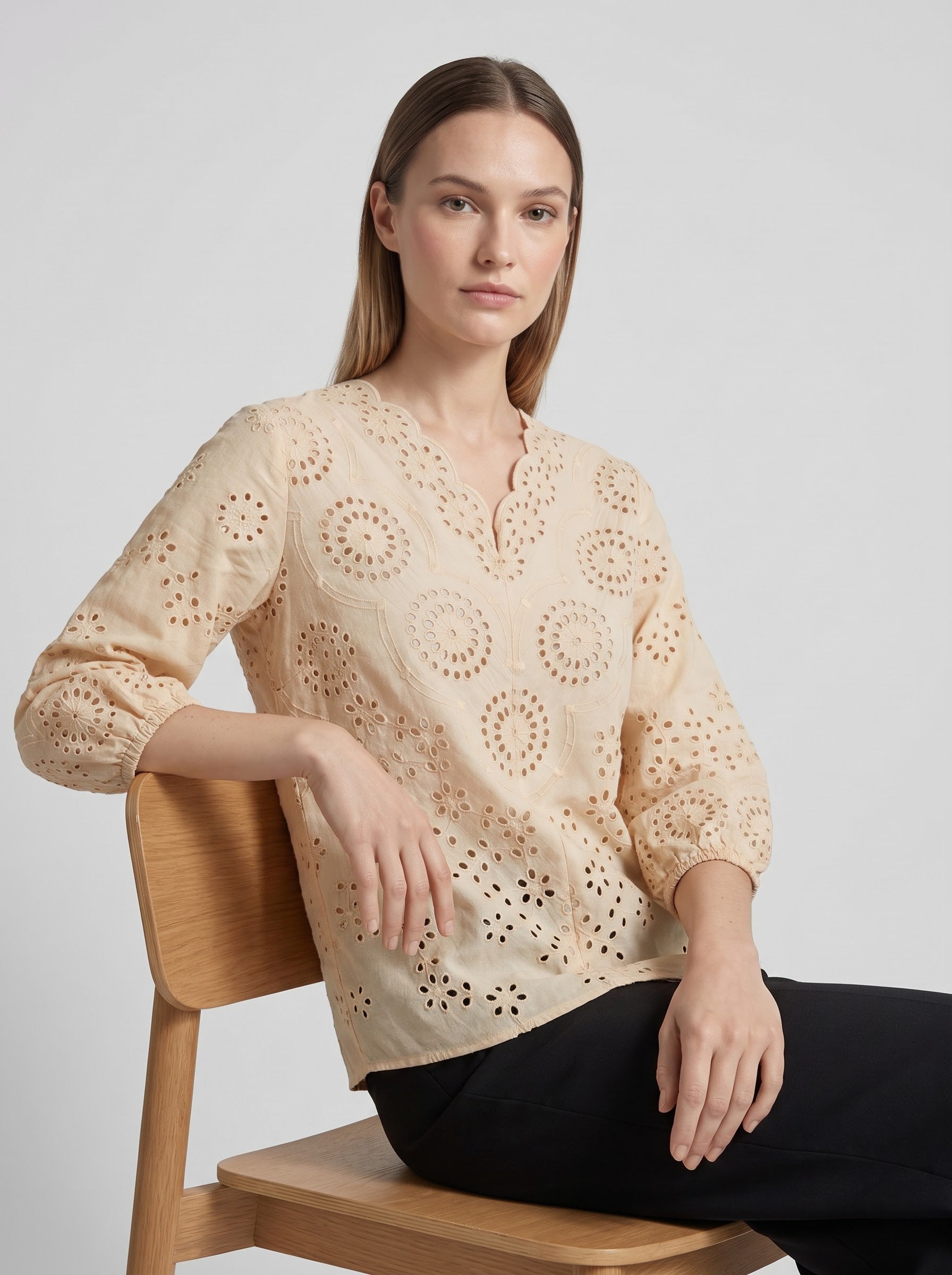 Women's Beige Schiffli Embroidered Cotton Top