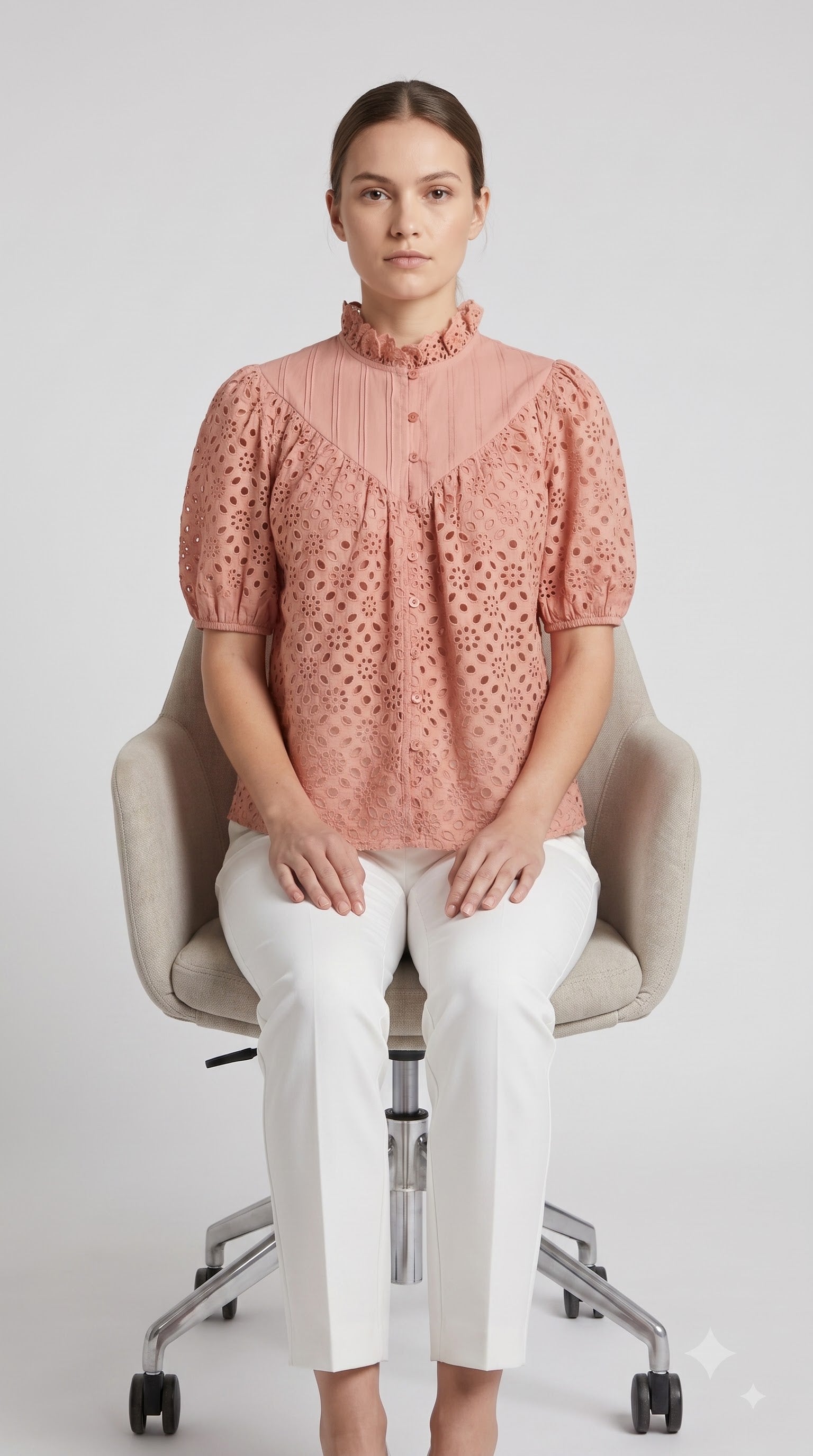 Women Peach Schiffli Embroidered High-Neck Top with Puff Sleeves