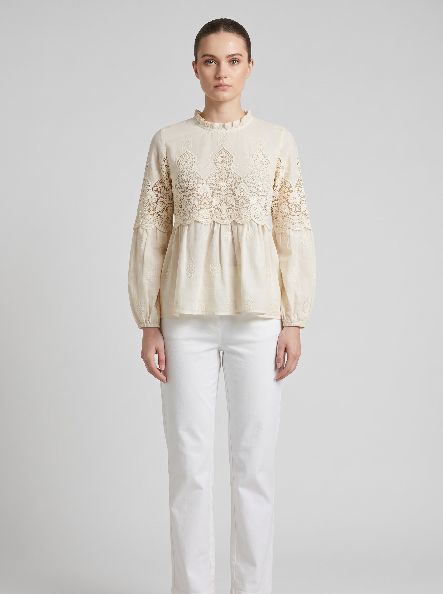 Women Cream Embroidered High Neck Regular Fit Top
