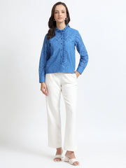 Women Blue Schiffli Embroidery Ruffle Neck Shirt