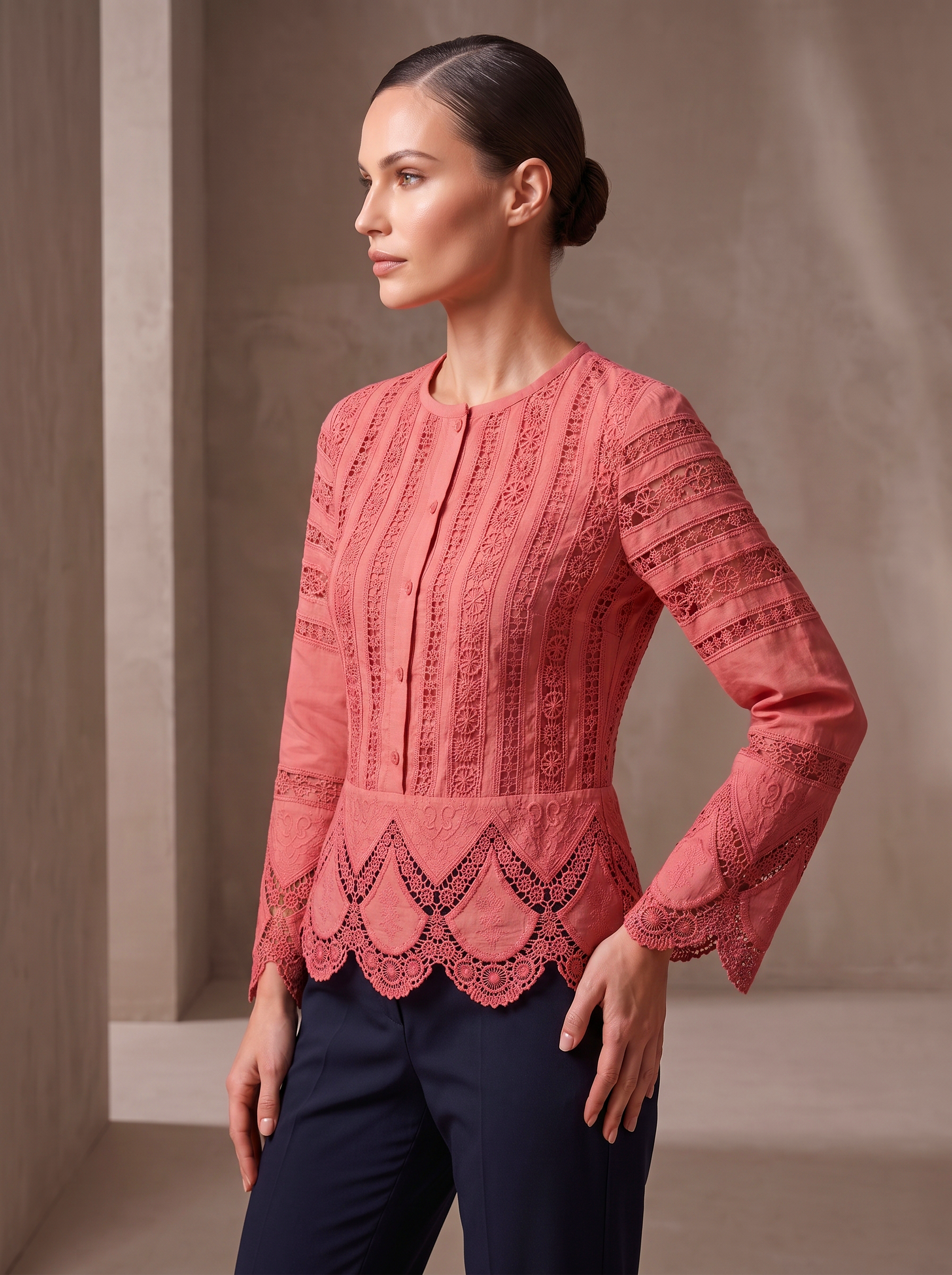 Dusty Pink Embroidered Lace Crop Top with Bell Sleeves