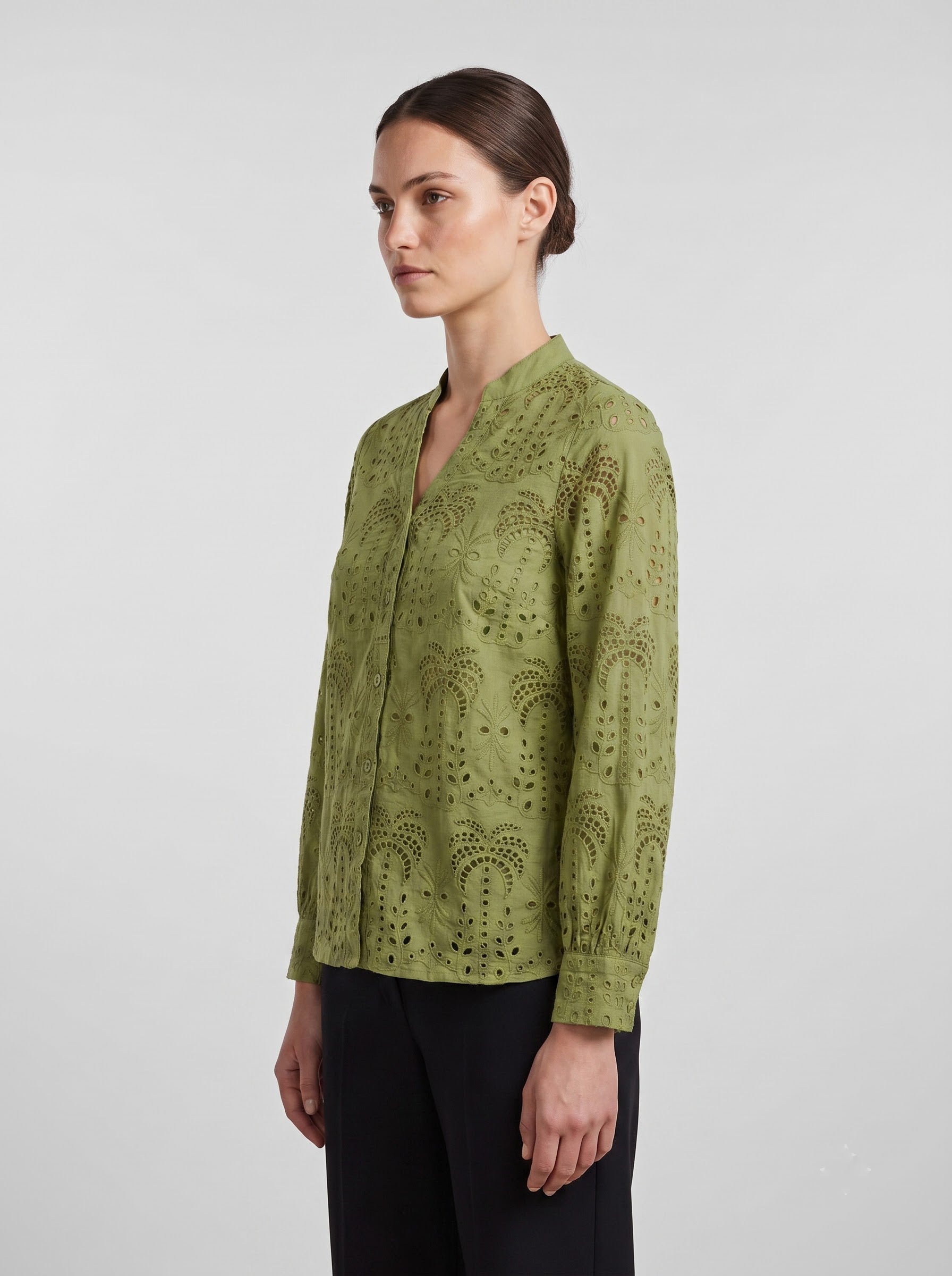 Women's Olive Green Schiffli Embroidered Cotton Top