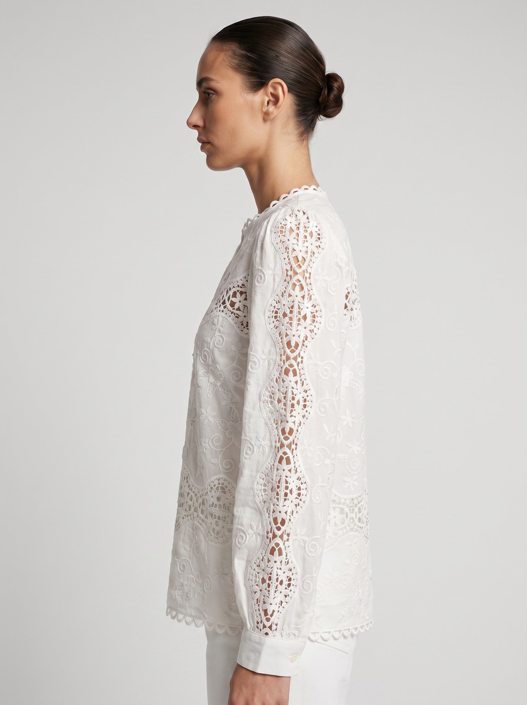 Women White 3D Floral Embroidered Lace Top