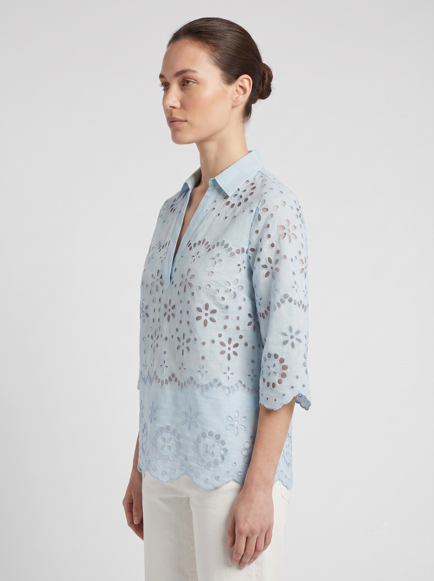 Women's Sky Blue Schiffli Embroidered Cotton Top