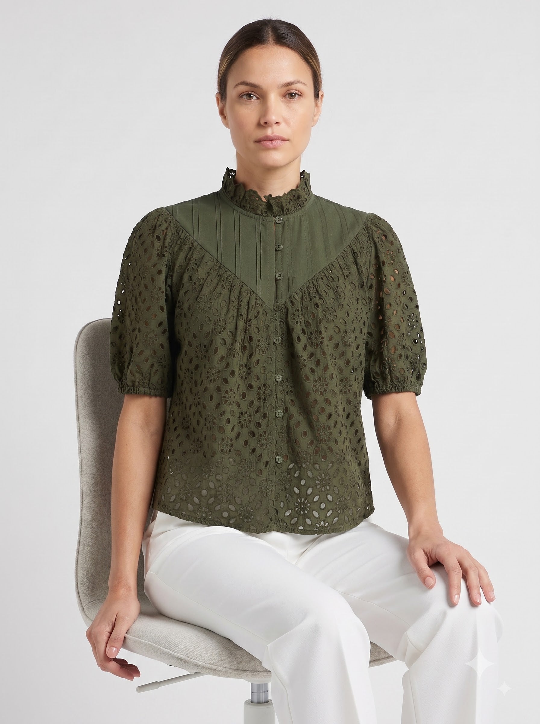 Women Peach/Olive Green Floral Schiffli Embroidered Regular Fit Top