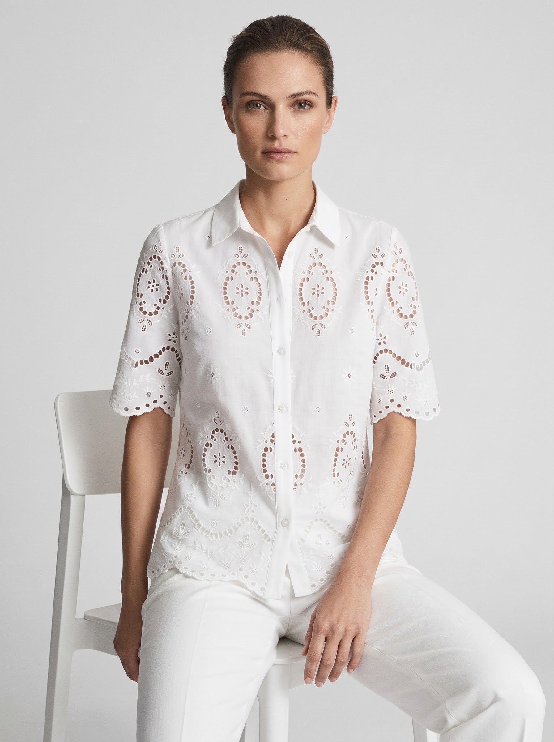 Women White Schiffli Embroidered Cotton Shirt with Scalloped