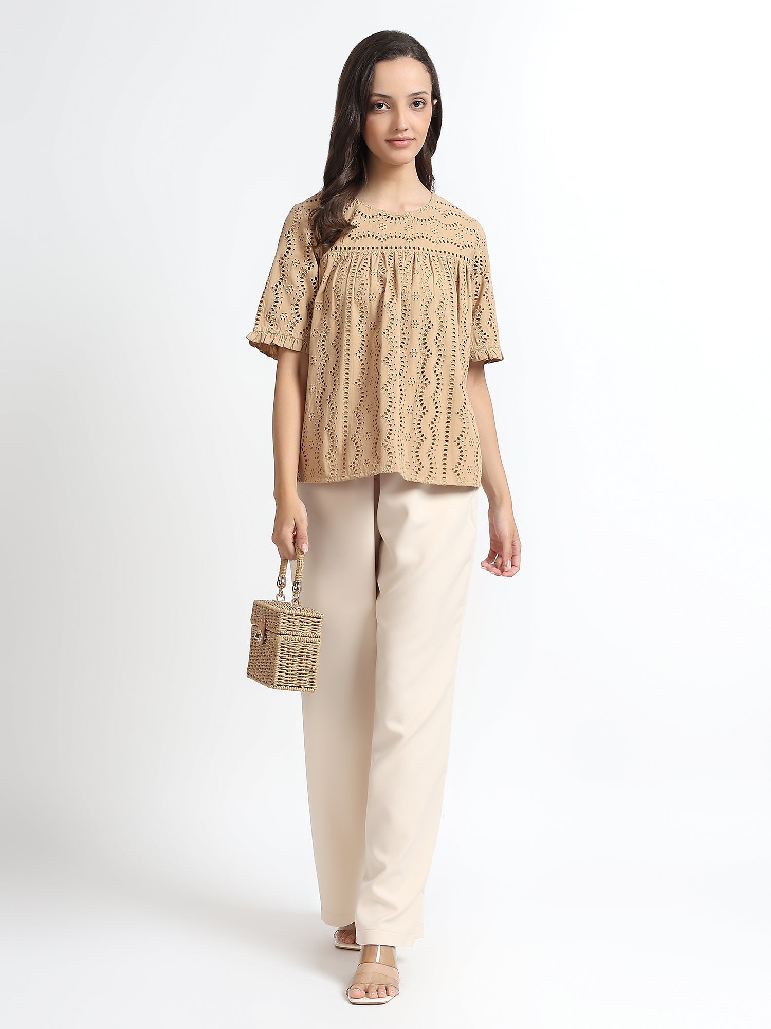 Women Beige Schiffli Embroidery Short Sleeve Top