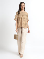 Women Beige Schiffli Embroidery Short Sleeve Top