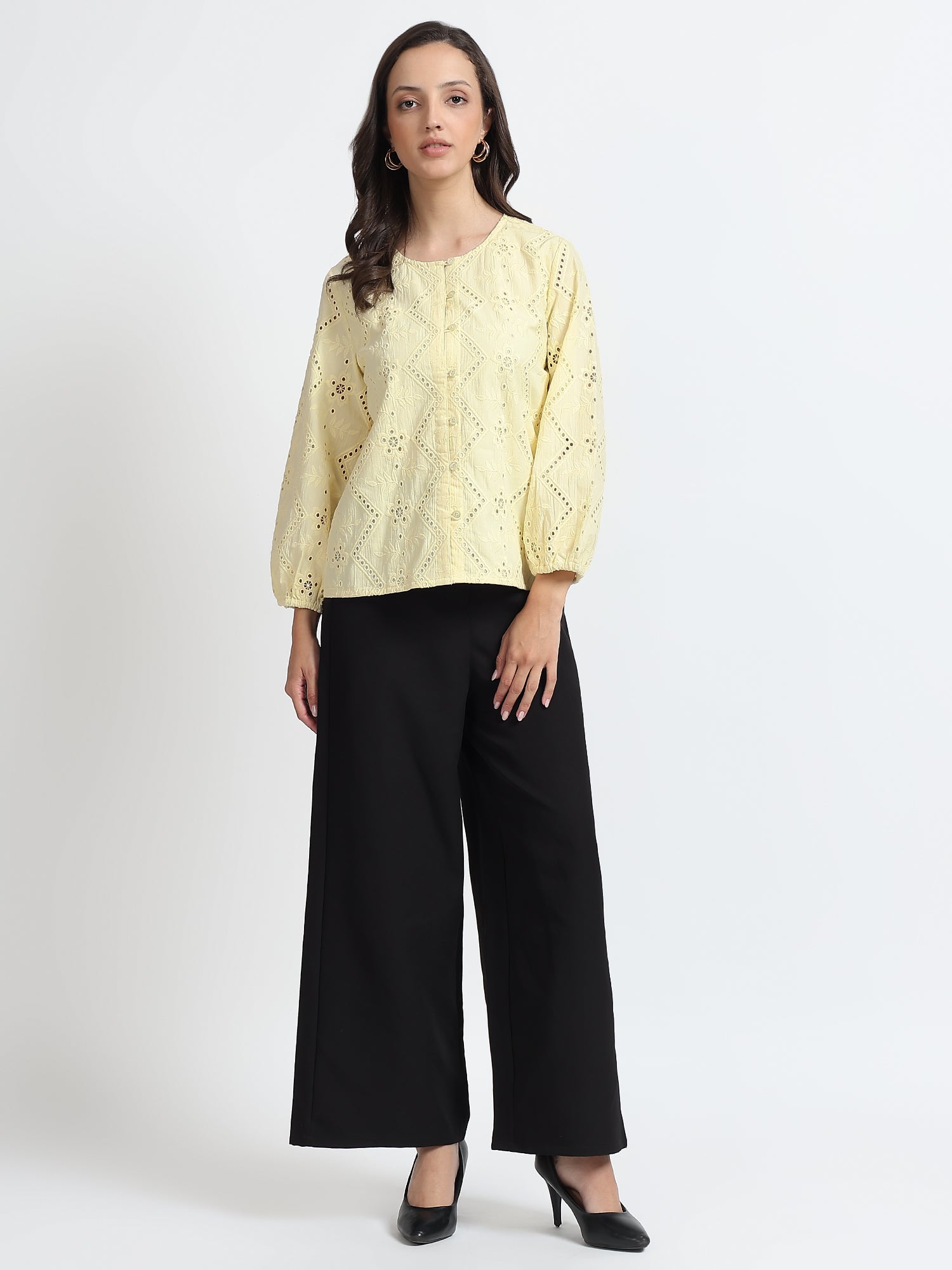 Women Light Yellow Schiffli Embroidery Balloon Sleeve Shirt