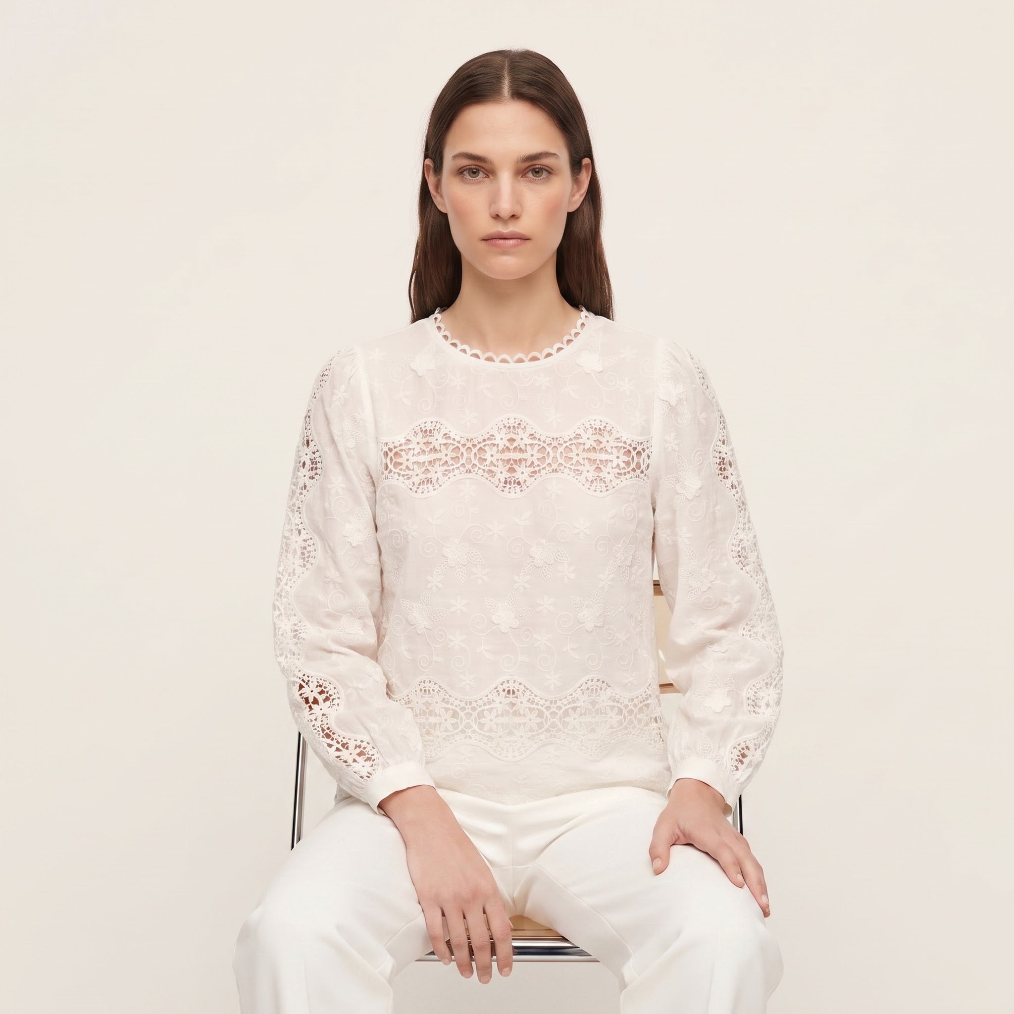Women White 3D Floral Embroidered Lace Top