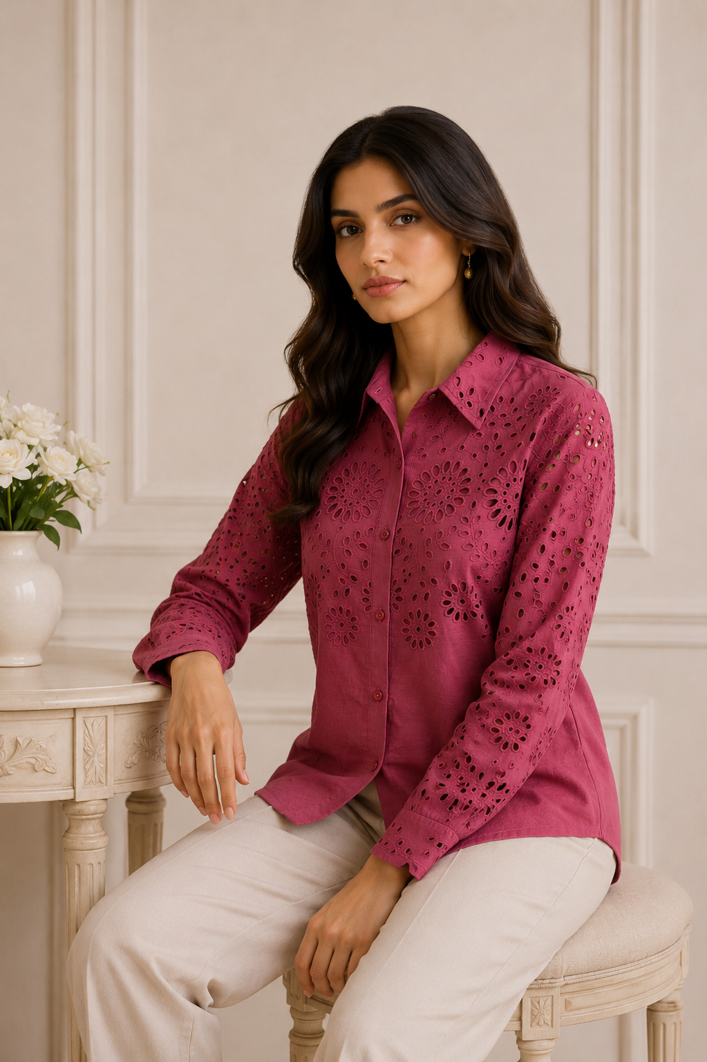 Women's Burgundy Schifley Embroidered Cotton Shirt