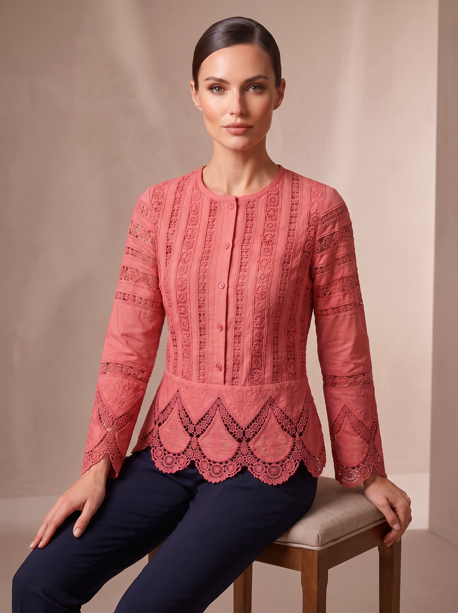 Dusty Pink Embroidered Lace Crop Top with Bell Sleeves
